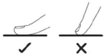 Diagram showing two hand positions with check and cross symbols, likely illustrating correct and incorrect hand positioning.