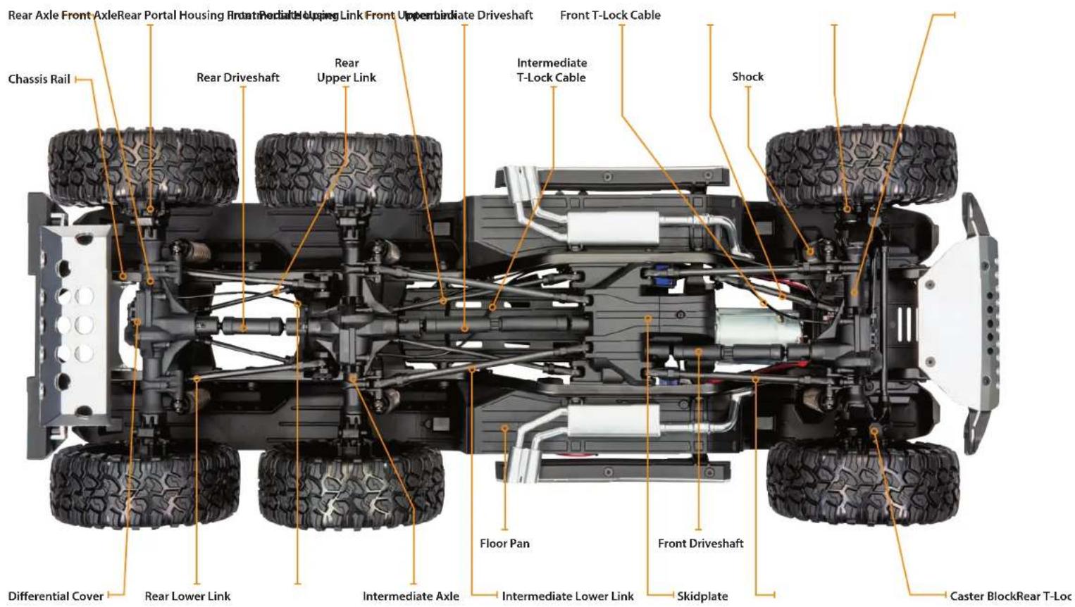 Rear Axle Front AxleRear Portal Housing Front Intermediate Holding Link Front Upperbdate Driveshaft Front T-Lock Cable Chassis Rail Rear Driveshaft Rear Upper Link Intermediate T-Lock Cable Shock Floor Pan Front Driveshaft Differential Cover Rear Lower Link Intermediate Axle Intermediate Lower Link Skidplate Caster BlockRear T-Loc