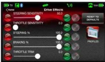 STEERING SENSITIVITY 50.0 THROTTLE SENSITIVITY 0.0 STEERING % 100.0 BRAKING % 100.0 THROTTLE TRIM 0.0 RESET TO DEFAULTS PROFILES