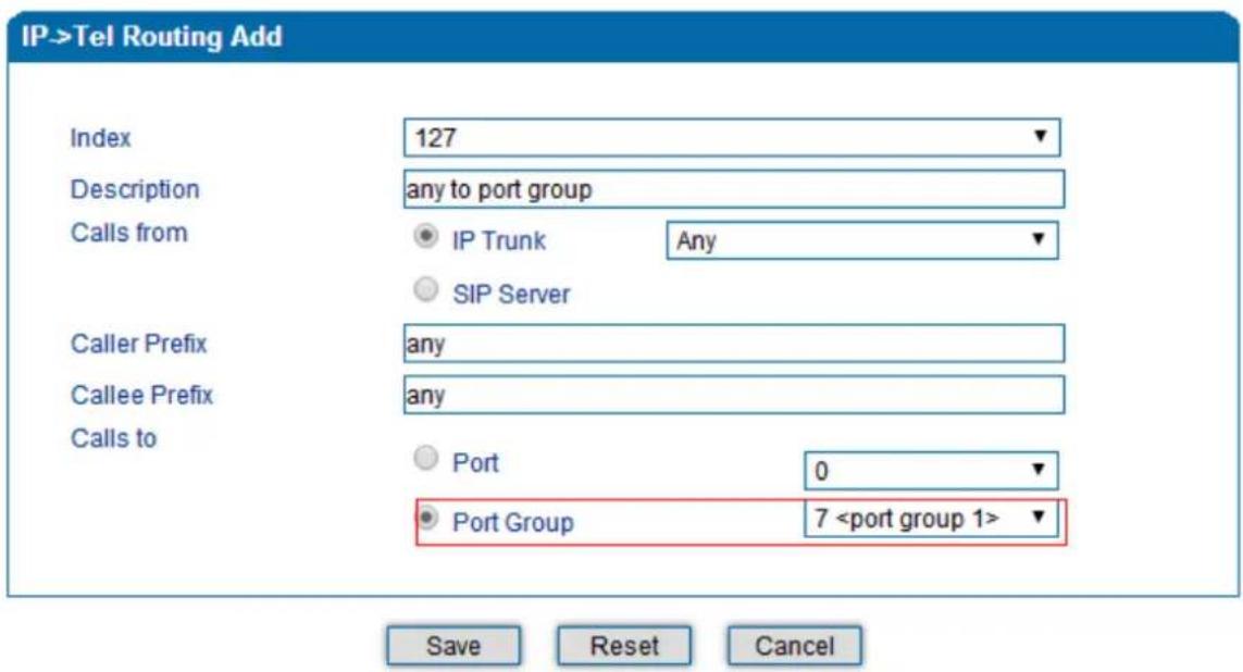 IP->Tel Routing Add Index 127 Description any to port group Calls from ● IP Trunk Any ○ SIP Server Caller Prefix any Callee Prefix any Calls to ● Port 0 ● Port Group 7 ▼ Save Reset Cancel
