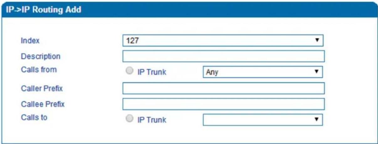 IP->IP Routing Add Index 127 Description Calls from IP Trunk Any Caller Prefix Callee Prefix Calls to IP Trunk