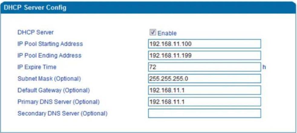 DHCP Server Config DHCP Server IP Pool Starting Address IP Pool Ending Address IP Expire Time Subnet Mask (Optional) Default Gateway (Optional) Primary DNS Server (Optional) Secondary DNS Server (Optional) Enable 192.168.11.100 192.168.11.199 72 h 255.255.255.0 192.168.11.1 192.168.11.1