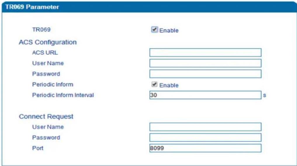 TR069 Parameter TR069 ✓ Enable ACS Configuration ACS URL User Name Password Periodic Inform Periodic Inform Interval ✓ Enable 30 $ Connect Request User Name Password Port 8099