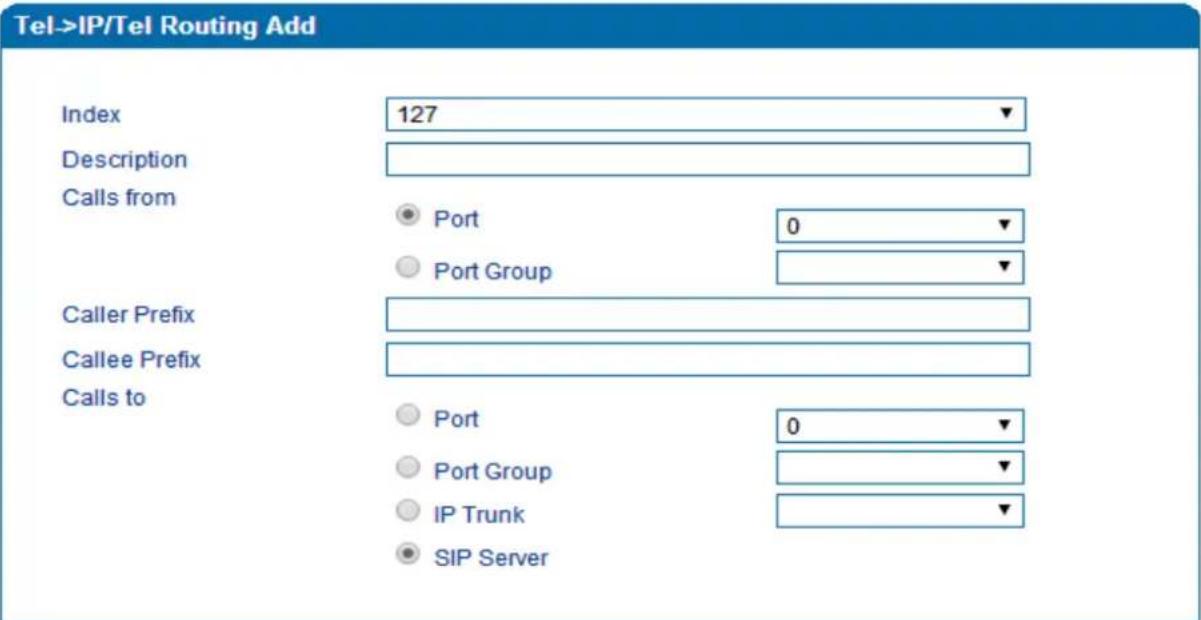 Tel->IP/Tel Routing Add Index 127 Description Calls from ● Port 0 ○ Port Group Caller Prefix Callee Prefix Calls to ● Port 0 ○ Port Group ○ IP Trunk ● SIP Server