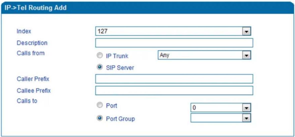 IP->Tel Routing Add Index 127 Description Calls from IP Trunk Any SIP Server Caller Prefix Callee Prefix Calls to Port 0 Port Group