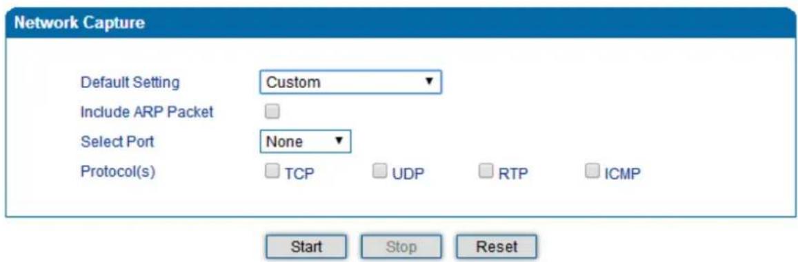 Network Capture Default Setting Custom Include ARP Packet Select Port None Protocol(s) TCP UDP RTP ICMP Start Stop Reset