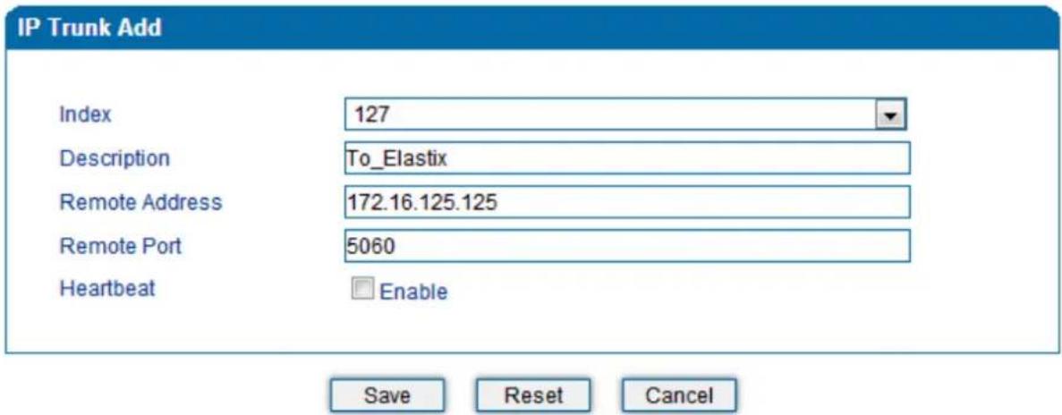 IP Trunk Add Index 127 Description To_Elastix Remote Address 172.16.125.125 Remote Port 5060 Heartbeat Enable Save Reset Cancel