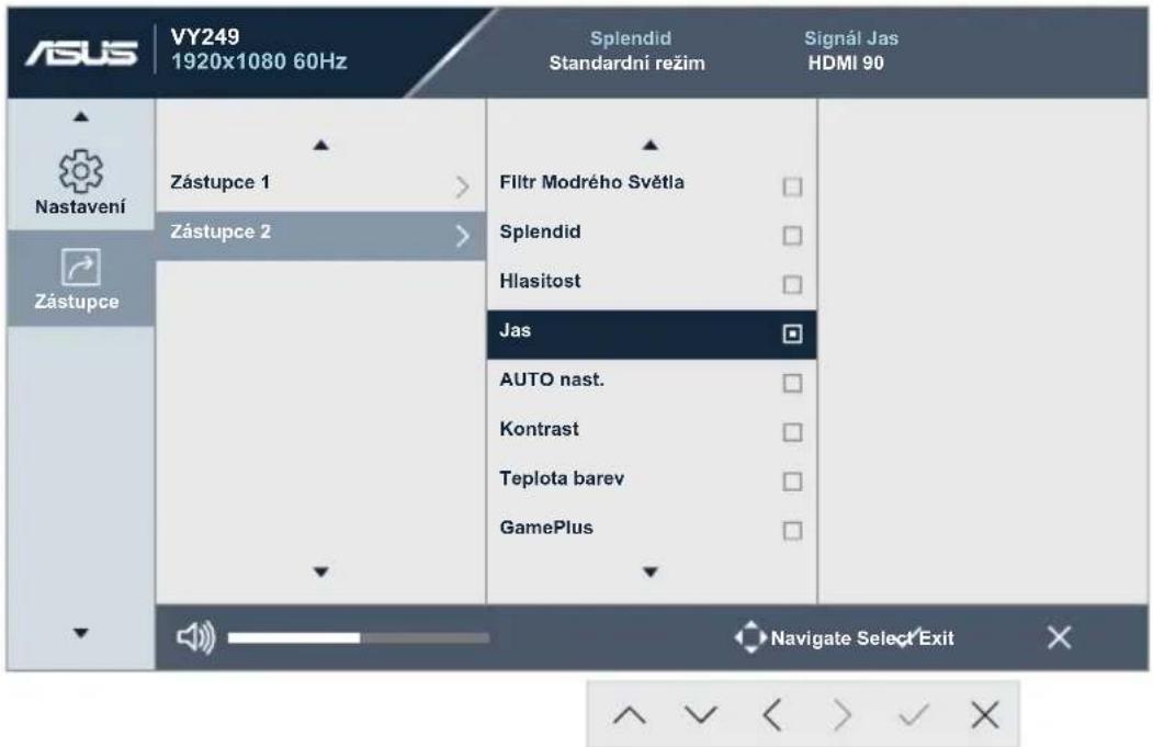 ASUS VY249 1920x1080 60Hz Splendid Standardní režim Signál Jas HDMI 90 Nastavení Zástupce 1 Zástupce 2 Filtr Modrého Světla Splendid Hlasitost Jas AUTO nast. Kontrast Teplota barev GamePlus Navigate Select Exit