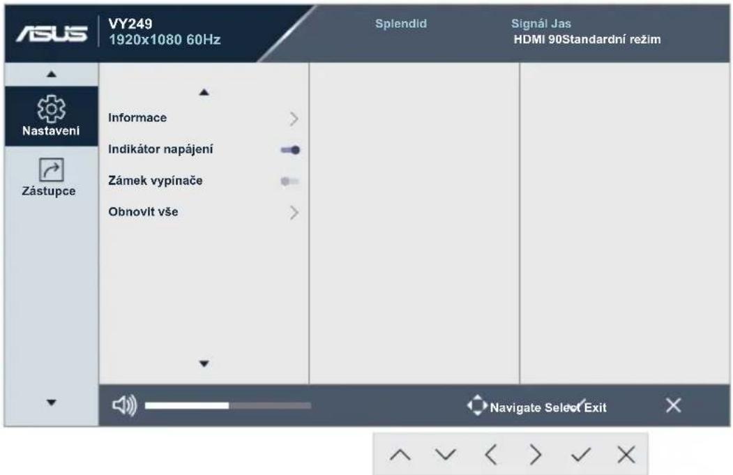 ASUS VY249 1920x1080 60Hz Splendid Signál Jas HDMI 90Standardní režim Nastavení Zástupce Informace > Indikátor napájení Zámek vypínače Obnovlt vše Navigate Select Exit