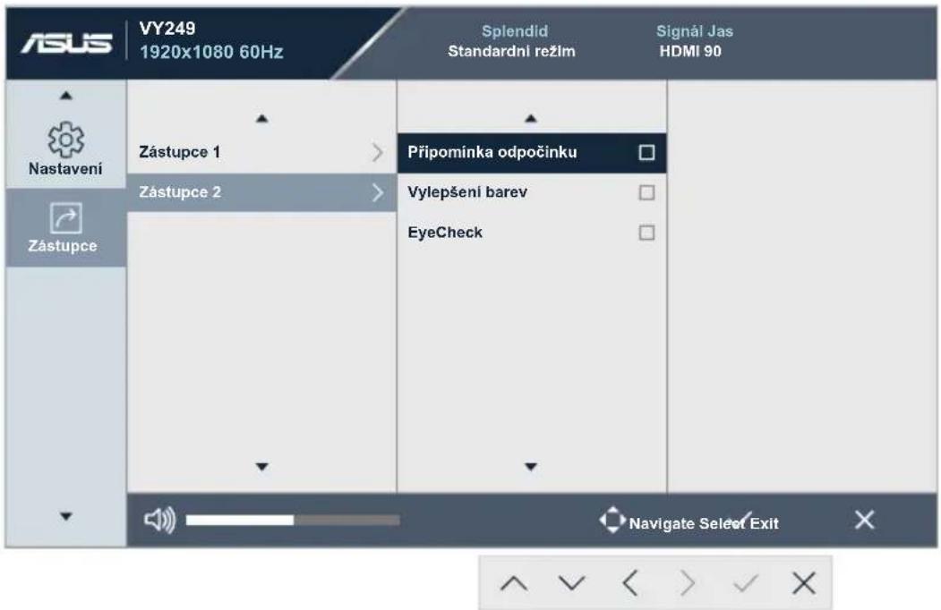 ASUS VY249 1920x1080 60Hz Splendid Standardni režim Signál Jas HDMI 90 Nastavení Zástupce 1 Zástupce 2 Připomínka odpočinku Vylepšení barev EyeCheck Navigate Select Exit