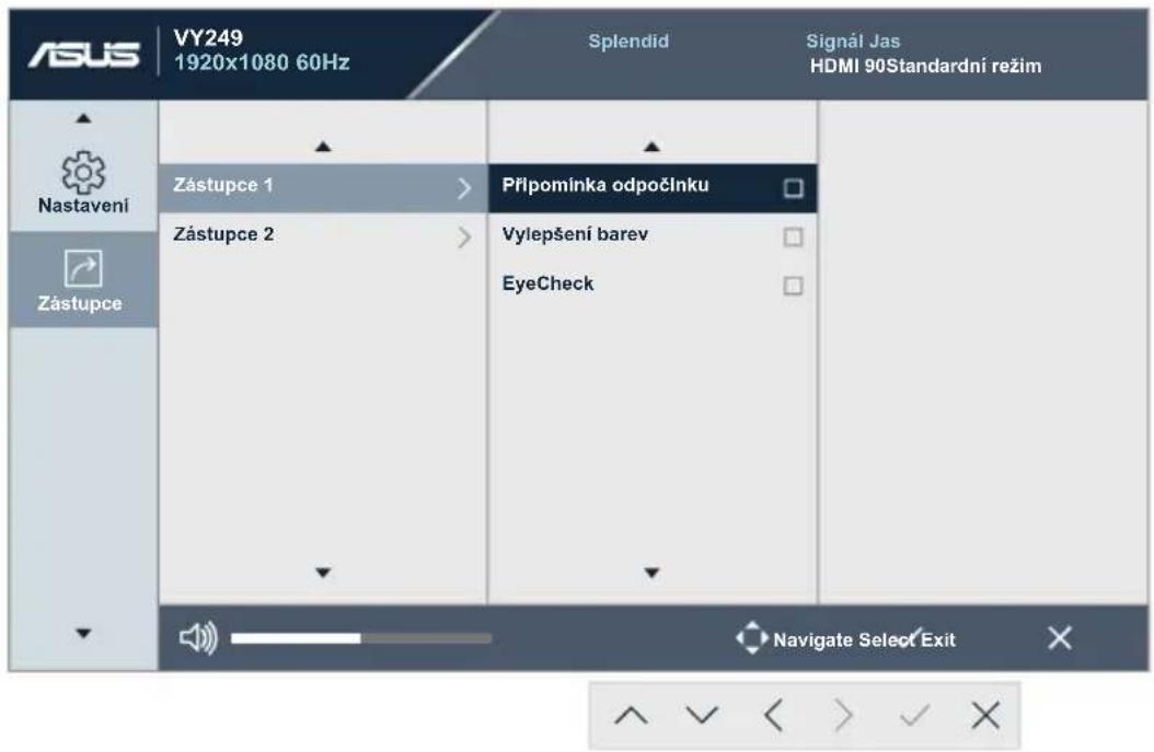 ASUS VY249 1920x1080 60Hz Splendid Signál Jas HDMI 90Standardní režim Nastavení Zástupce 1 Zástupce 2 Přípomínka odpočlnku Vylepšení barev EyeCheck Navigate Select Exit