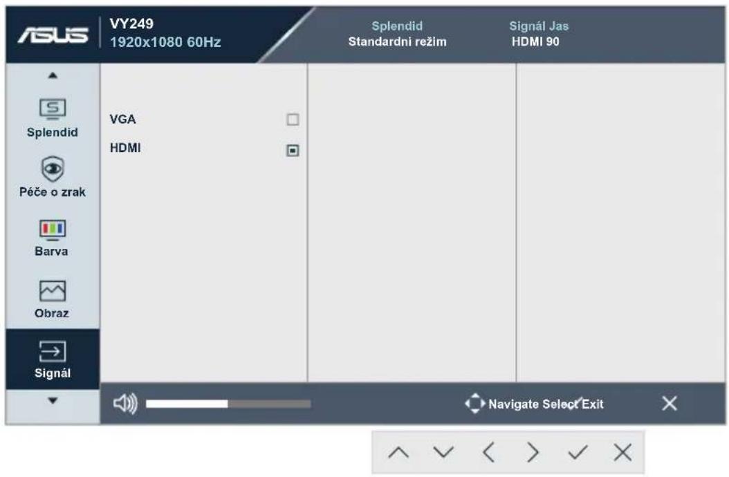 ASUS VY249 1920x1080 60Hz Splendid Standardni režim Signál Jas HDMI 90 Splendid Péče o zrak Barva Obraz Signál VGA HDMI Navigate Select Exit