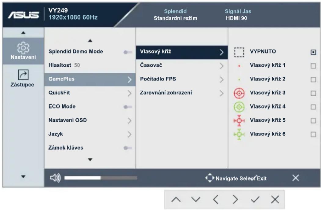 ASUS VY249 1920x1080 60Hz Splendid Standardní režím Signál Jas HDMI 90 Nastavení Zástupce Splendid Demo Mode Hlasitost 50 GamePlus QuickFit ECO Mode Nastavení OSD Jazyk Zámek kláves Vlasový kříž Časovač Počítadlo FPS Zarovnání zobrazení VYPNUTO Vlasový kříž 1 Vlasový kříž 2 Vlasový kříž 3 Vlasový kříž 4 Vlasový kříž 5 Vlasový kříž 6 Navigate Select Exit