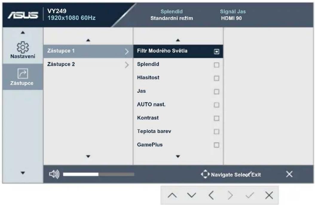 ASUS VY249 1920x1080 60Hz Splendid Standardní režím Signál Jas HDMI 90 Zástupce 1 Zástupce 2 Filtr Modrého Světla Splendid Hlasitost Jas AUTO nast. Kontrast Teplota barev GamePlus Navigate Select Exit