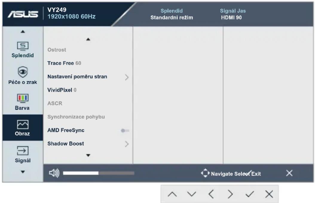 ASUS VY249 1920x1080 60Hz Splendid Standardni režim Signál Jas HDMI 90 Splendid Ostrost Trace Free 60 Nastavení poměru stran > VividPixel 0 ASCR Synchronizace pohybu AMD FreeSync Shadow Boost > Obraz Signál Navigate Select Exit