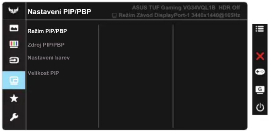 Nastavení PIP/PBP ASUS TUF Gaming VG34VQL1B HDR Off Režim Závod DisplayPort-1 3440x1440@165Hz Režim PIP/PBP Zdroj PIP/PBP Nastavení barev Velikost PIP