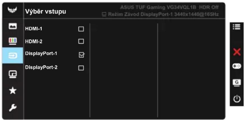 Výběr vstupu ASUS TUF Gaming VG34VQL1B HDR Off Režim Závod DisplayPort-1 3440x1440@165Hz HDMI-1 HDMI-2 DisplayPort-1 DisplayPort-2