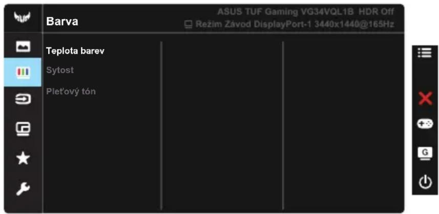 Barva ASUS TUF Gaming VG34VQL1B HDR Off Režim Závod DisplayPort-1 3440x1440@165Hz Teplota barev Sytost Plet'ový tón