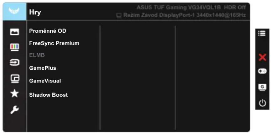 Hry ASUS TUF Gaming VG34VQL1B HDR Off Režim Závod DisplayPort-1 3440x1440@165Hz Proměnné OD FreeSync Premium ELMB GamePlus GameVisual Shadow Boost