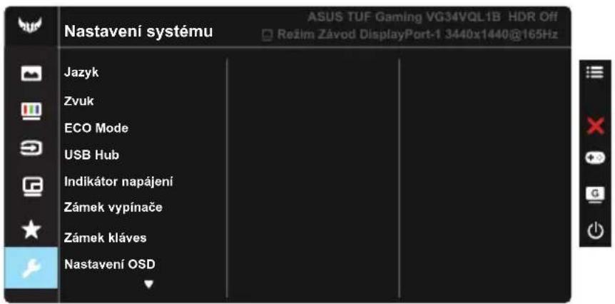 Nastavení systému ASUS TUF Gaming VG34VQL1B HDR Off Režim Závod DisplayPort-1 3440x1440@165Hz Jazyk Zvuk ECO Mode USB Hub Indikátor napájení Zámek vypínače Zámek kláves Nastavení OSD