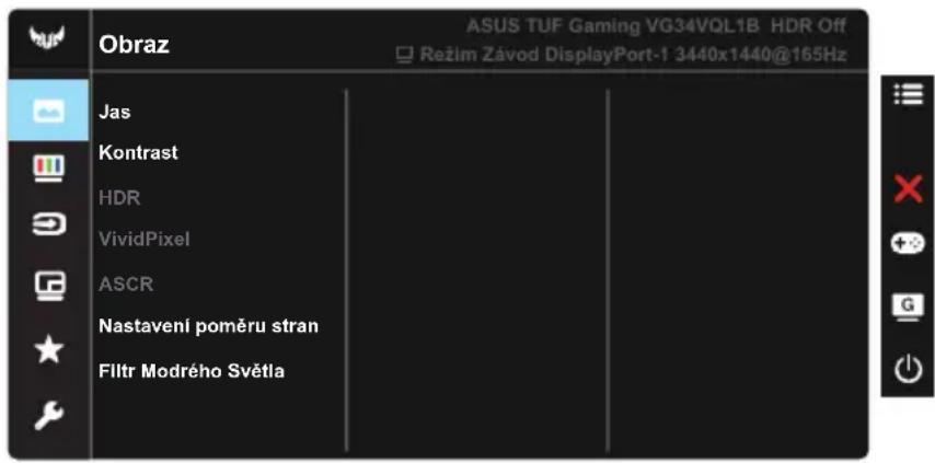 Obraz ASUS TUF Gaming VG34VQL1B HDR Off Režim Závod DisplayPort-1 3440x1440@165Hz Jas Kontrast HDR VividPixel ASCR Nastavení poměru stran Filtr Modrého Světla