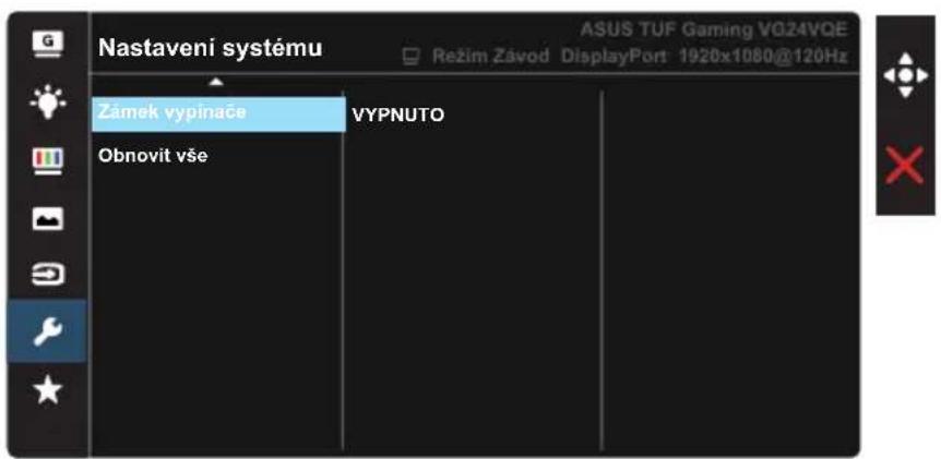 Nastavení systému ASUS TUF Gaming VQ24VQE Režim Závod DisplayPort 1920x1080@120Hz Zámek vypinače VYPNUTO Obnovit vše