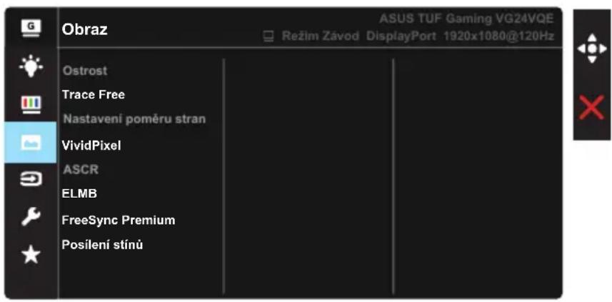 Osbraz ASUS TUF Gaming VG24VQE Režim Závod DisplayPort 1920x1080@120Hz Ostrost Trace Free Nastavení poměru stran VividPixel ASCR ELMB FreeSync Premium Posilení stínů
