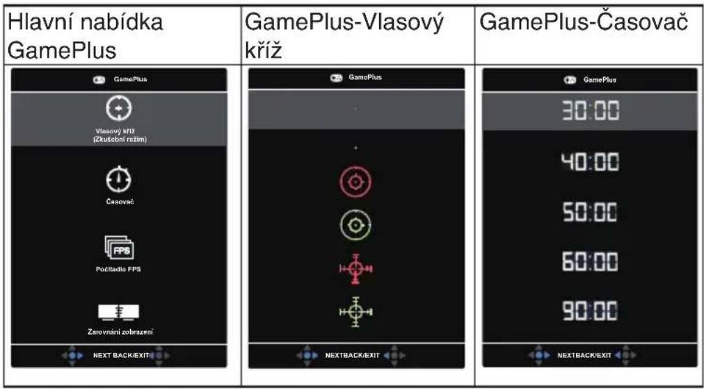 Hlavní nabídka GamePlus GamePlus-Vlasový kříž GamePlus-Časovač GamePlus Vlasový kříž (Zkušobní režem) Časovač Počitadlo FPS Zarovnění zobrazení NEXT BACK/EXIT NEXTBACK/EXIT 30:00 40:00 50:00 60:00 90:00 NEXTBACK/EXIT