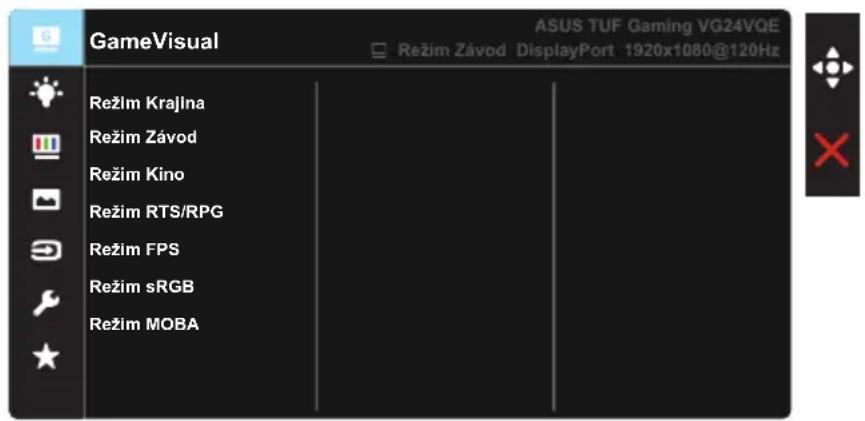 GameVisual ASUS TUF Gaming VG24VQE Režim Závod DisplayPort 1920x1080@120Hz Režim Krajlna Režim Závod Režim Kino Režim RTS/RPG Režim FPS Režim sRGB Režim MOBA