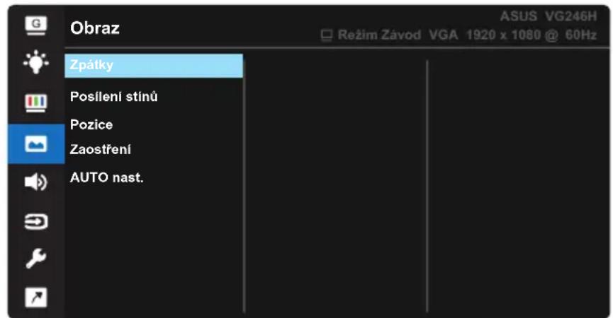 Obraz Zpátky Posílení stínů Pozice Zaostření AUTO nast. ASUS VG246H Režim Závod VGA 1920 x 1080 @ 60Hz