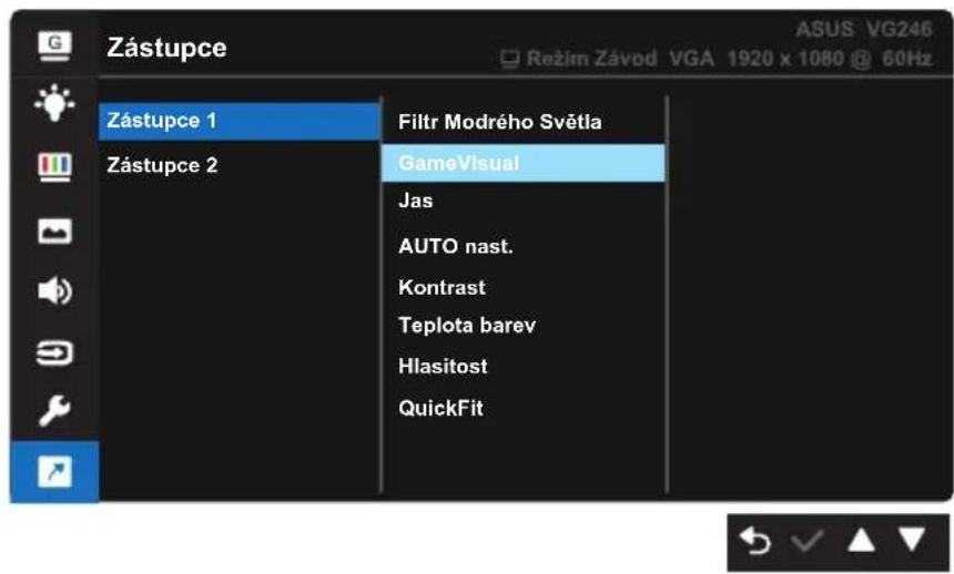 Zástupce ASUS VG246 Režim Závod VGA 1920 x 1080 @ 60Hz Zástupce 1 Filtr Modrého Světla Zástupce 2 GameVisual Jas AUTO nast. Kontrast Teplota barev Hlasítost QuickFit
