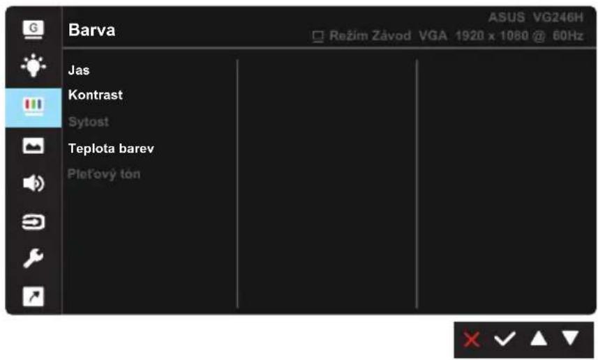 Barva Jas Kontrast Sytost Teplota barev Pletový tón ASUS VG246H Režim Závod VGA 1920 x 1080 @ 60Hz