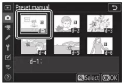 Preset manual d-1 d-2 d-3 d-4 d-5 d-6 d-1: Select OK OK