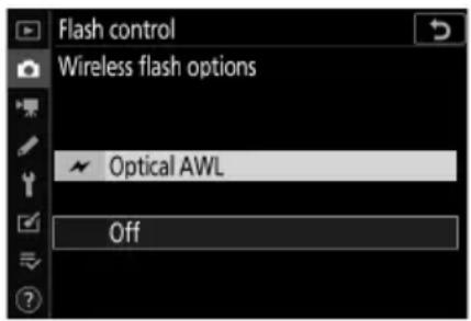 Flash control Wireless flash options ✓ Optical AWL Off
