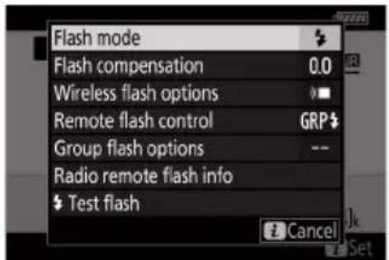 Flash mode Flash compensation 0.0 Wireless flash options Remote flash control GRP$ Group flash options -- Radio remote flash info Test flash Cancel