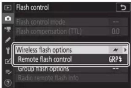 Flash control Flash control mode -- Flash compensation (TTL) 0.0 Wireless flash options Remote flash control GRP Group flash options -- Radio remote flash info