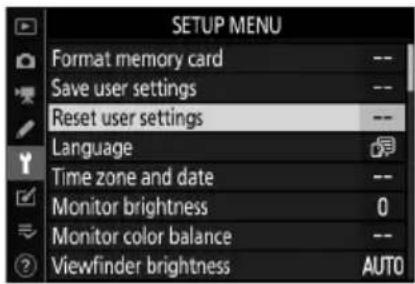 NIKON Z 7II - Zvýrazněte [ Reset user settings ] v nabídce nastavení. - 1