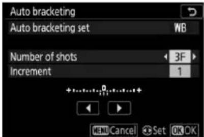Auto bracketing Auto bracketing set WB Number of shots 3F Increment 1 +...+...+...+... OK Cancel Set OK OK