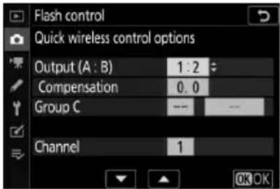 Flash control Quick wireless control options Output (A : B) 1 : 2 Compensation 0.0 Group C -- Channel 1 OK OK