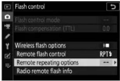 Flash control Flash control mode -- Flash compensation (TTL) 0.0 Wireless flash options Remote flash control RPT Remote repeating options -- Radio remote flash info