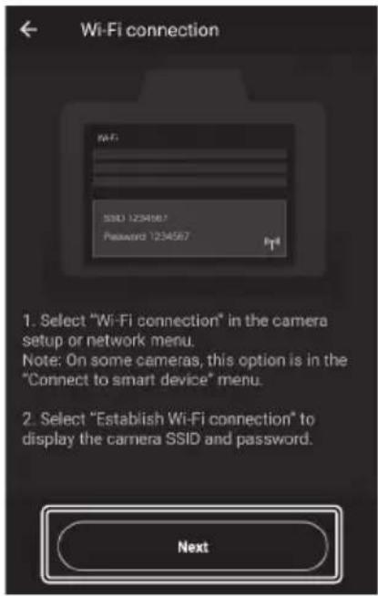 NIKON Z 7II - Fotoaparát: Vyberte [Připojit k chytrému zařízení ] > [Wi-Fi připojení ] v nabídce nastavení, poté zvýrazněte [Navázat připojení Wi-Fi ] a stiskněte OK. - 4