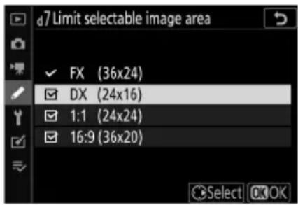 d7 Limit selectable image area ✓ FX (36x24) ☑ DX (24x16) ☑ 1:1 (24x24) ☑ 16:9 (36x20)