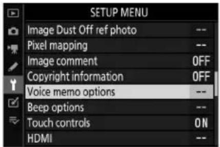 SETUP MENU Image Dust Off ref photo -- Pixel mapping -- Image comment OFF Copyright information OFF Voice memo options -- Beep options -- Touch controls ON HDMI --