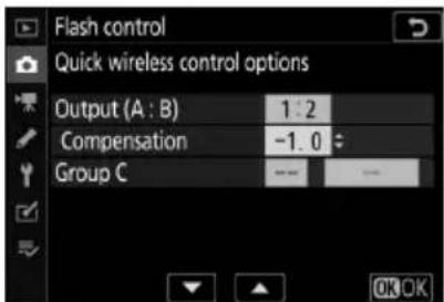Flash control Quick wireless control options Output (A : B) 1:2 Compensation -1.0 Group C OK OK