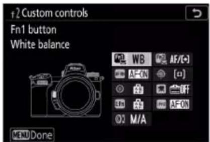 +2 Custom controls Fn1 button White balance WB AF/(-) AF-ON [+] Off On AF-ON M/A MENU Done