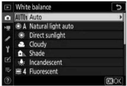 White balance AUTO1 Auto A Natural light auto Direct sunlight Cloudy Shade Incandescent 4 Fluorescent
