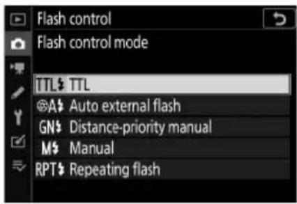 Flash control Flash control mode TTL TTL @A$ Auto external flash GN$ Distance-priority manual M$ Manual RPT$ Repeating flash