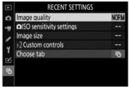 RECENT SETTINGS Image quality NORM ISO sensitivity settings -- Image size -- +2 Custom controls -- Choose tab