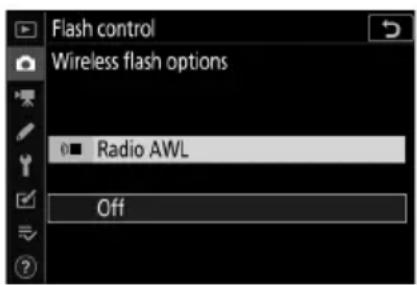 Flash control Wireless flash options Radio AWL Off