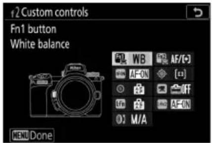 12 Custom controls Fn1 button White balance WB AF/(-) AF-ON [+] LFn AF-ON 0) M/A MENU Done